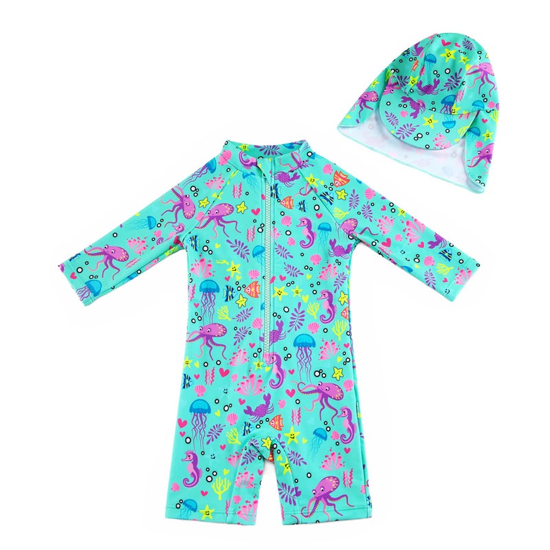 upandfast Baby/Toddler One Piece Zip Sunsuits with Sun Hat UPF 50+ Sun Protection Infant Beach Swimsuit (Green, 9-12 Months) - Image 1
